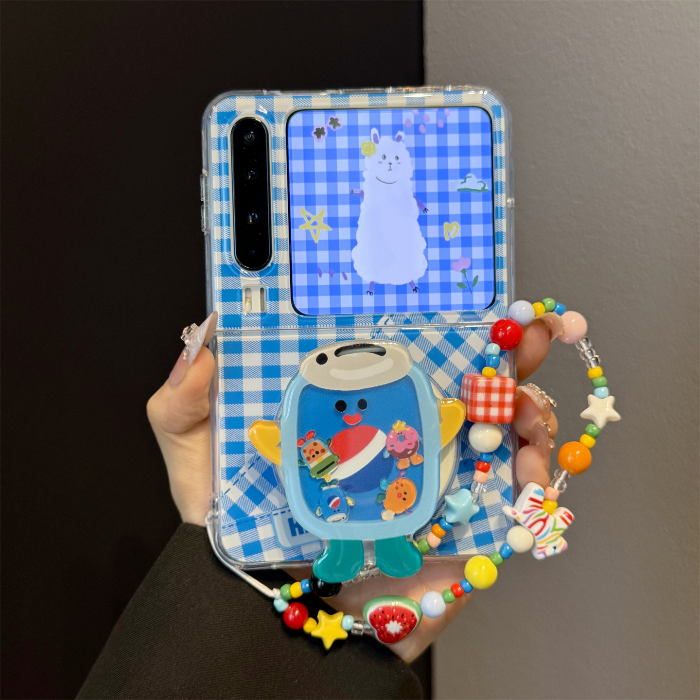 适用华为purax折叠屏手机壳蓝色格纹pocket2饮料摇摇乐磁吸支架女