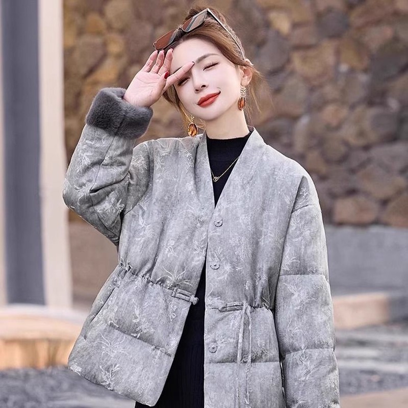 新中式国风领棉服百搭女春季大码胖保暖气质减小黑金女士棉服