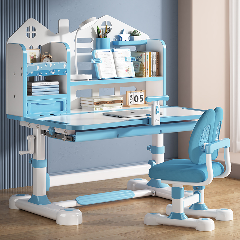 【出口品质】手摇升降学生作业桌椅实木芯儿童学习桌家用小孩写字桌