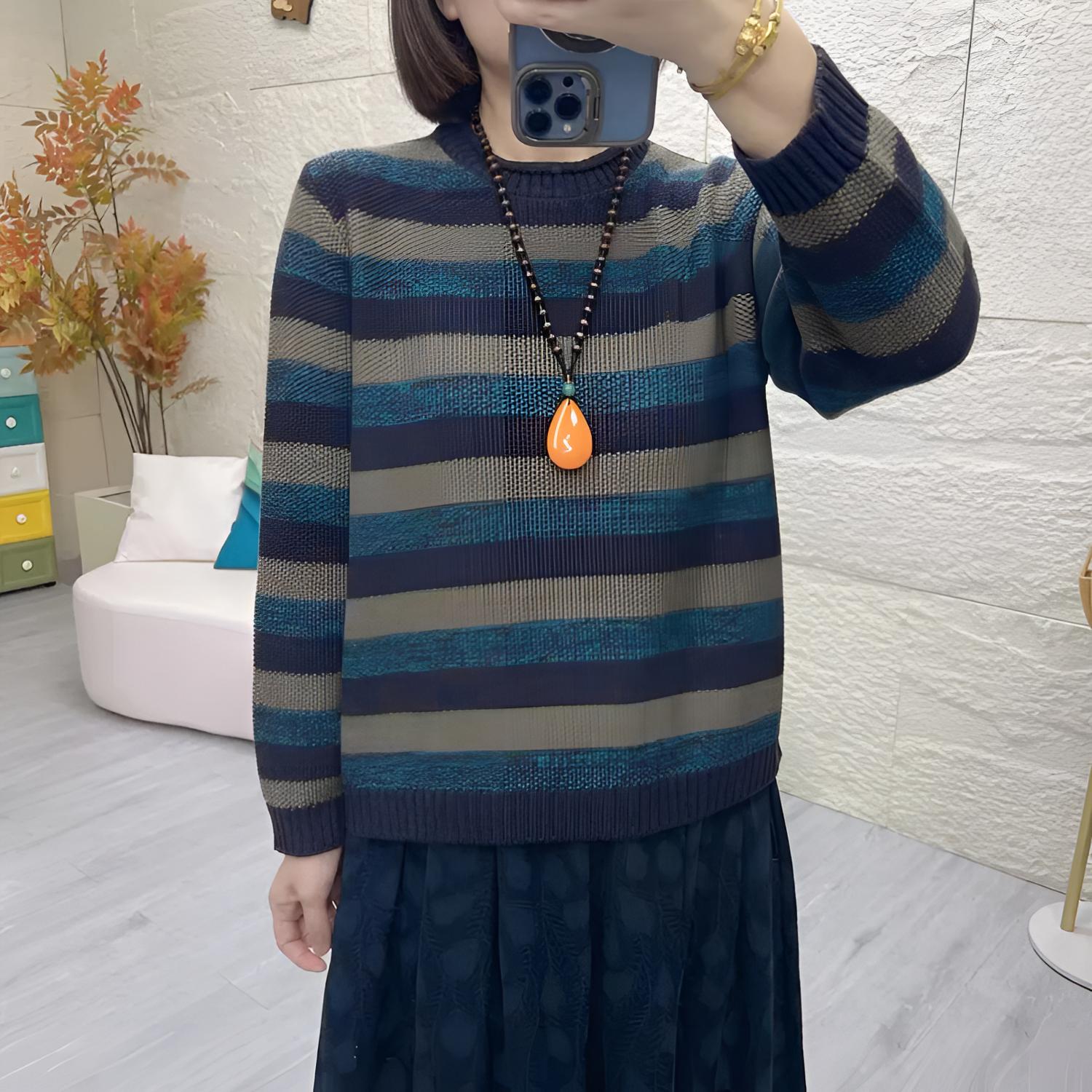 秋冬新款半高领条纹针织衫妈妈宽松显瘦上衣遮肉减龄套头打底毛衣