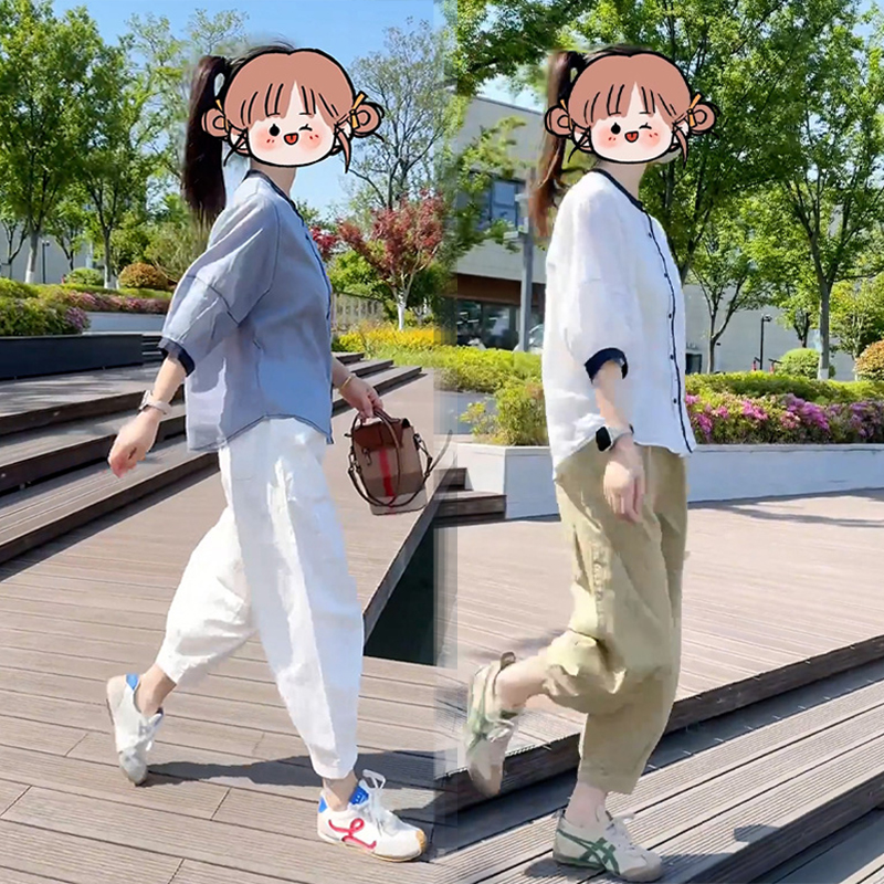 时尚气质夏装新款宽松显瘦防晒衬衫休闲九分裤百搭洋气女装两件套