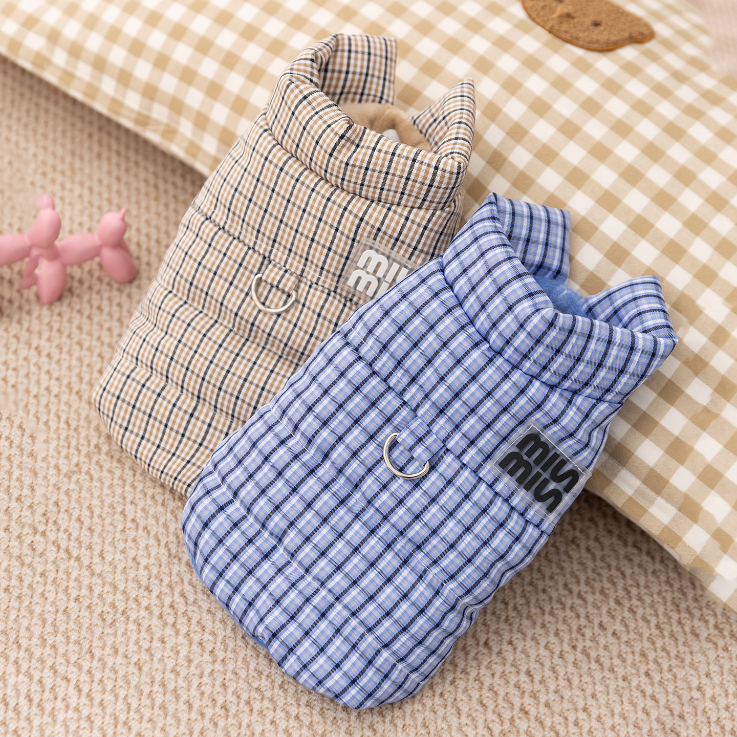 狗狗服装韩系格纹小飞袖保暖棉衣秋冬款两脚加厚宠物衣服