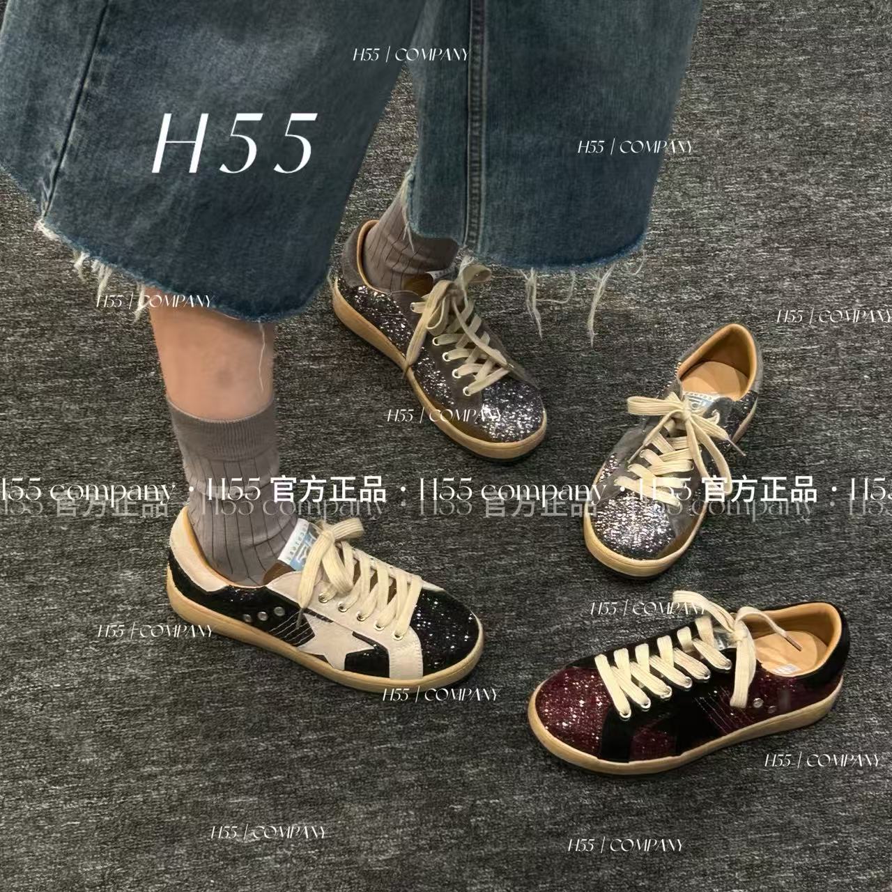 H55女鞋星野25新款做旧休闲爆闪擦色低帮平底星星鞋19-2811-RD