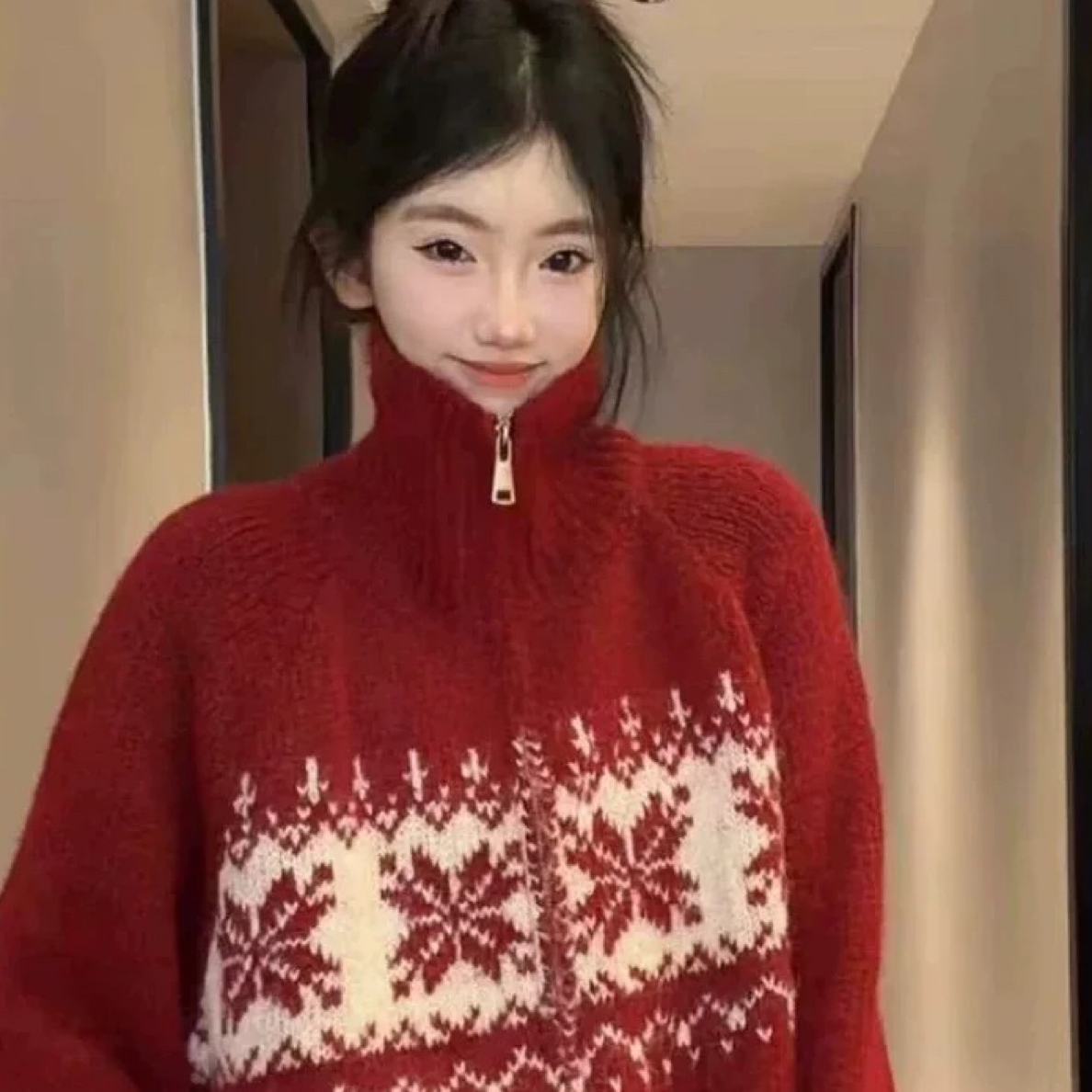 圣诞节红色过年高领毛衣开衫外套女冬季加厚慵懒风宽松针织衫上衣