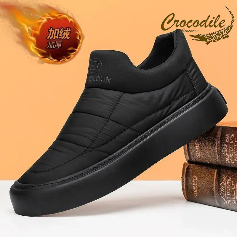 鳄鱼恤雪地靴爆款男鞋一脚蹬加绒保暖防水鞋轻便软底黑色工作棉鞋
