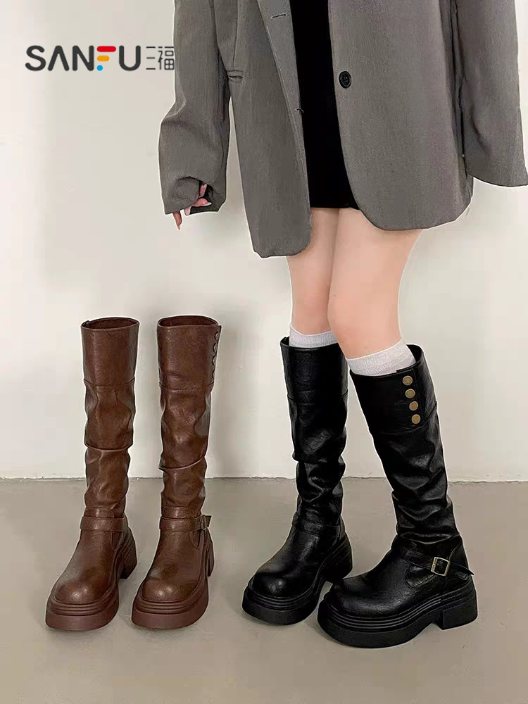 三福高筒靴子夏季厚底长筒靴女2025新款显瘦增高小个子粗腿骑士靴