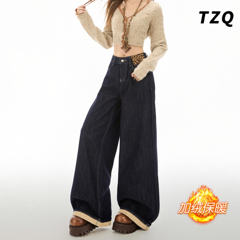 丹宁蓝加绒加厚阔腿牛仔裤女爆款2025秋冬高腰宽松显瘦拖地直筒裤