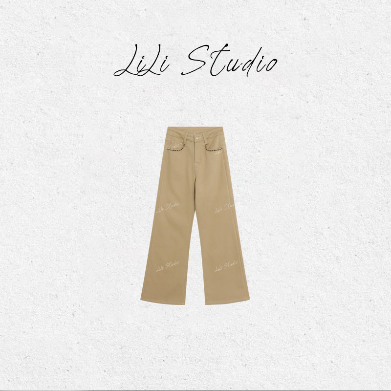 PCNY丨不理理「杏棕链影」加厚加绒链条装饰阔腿直筒牛仔裤