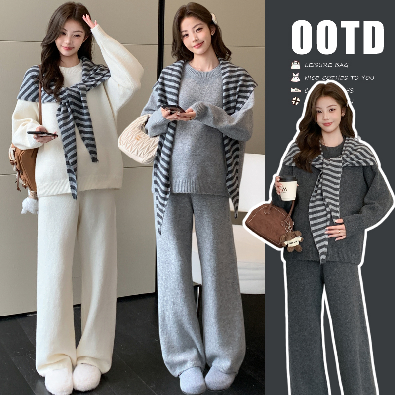 孕妇套装2026秋冬新款韩版慵懒条纹披肩针织毛衣裤子两件套孕妇装