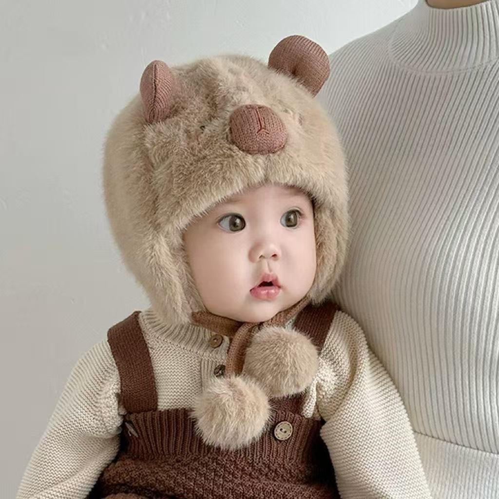 婴儿帽子秋冬季宝宝男女毛绒帽婴幼儿可爱毛线帽冬款加厚保暖男宝