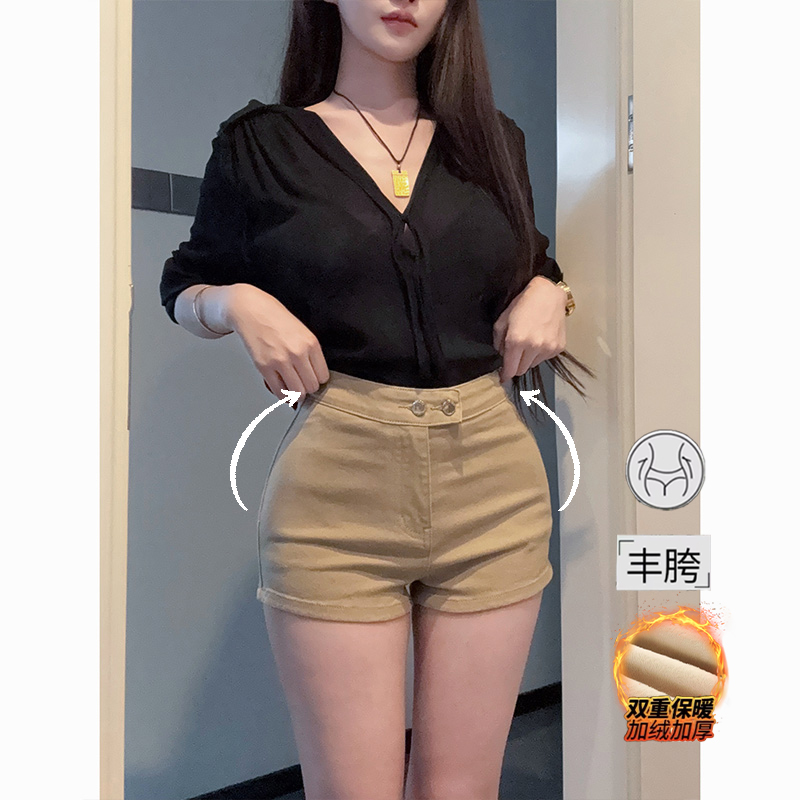 纯欲丰胯细腰牛仔短裤女2025年冬季加绒百搭高腰显瘦弹力美胯热裤