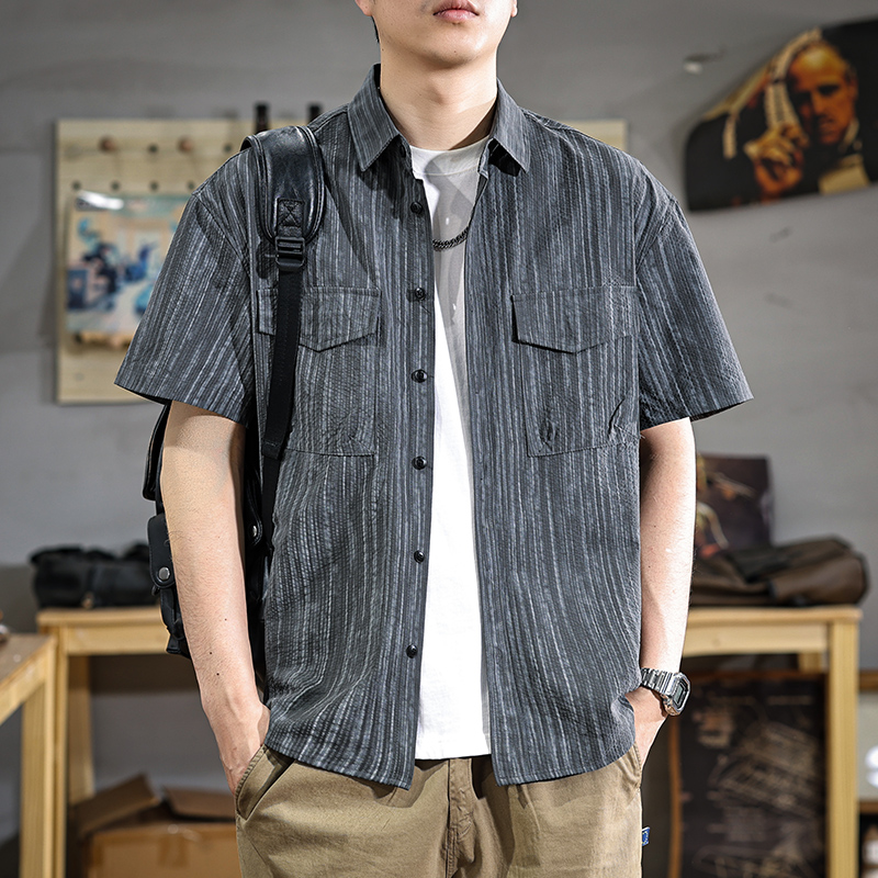 2025夏季新款高级黑色短袖衬衫男士宽松休闲上衣美式潮牌凉感衬衣