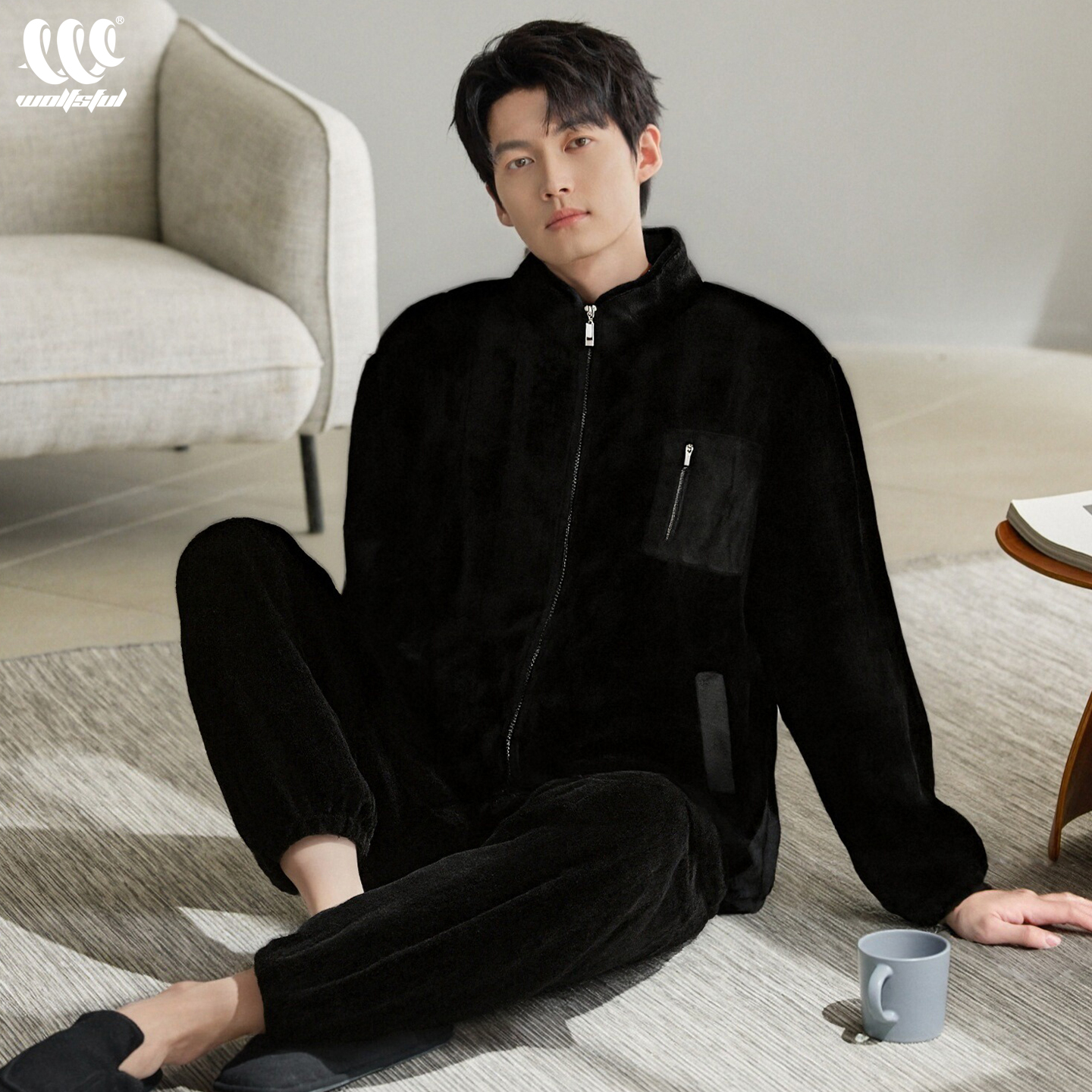 睡衣男士冬季保暖法兰绒立领拉链运动加绒加厚珊瑚绒家居服套装