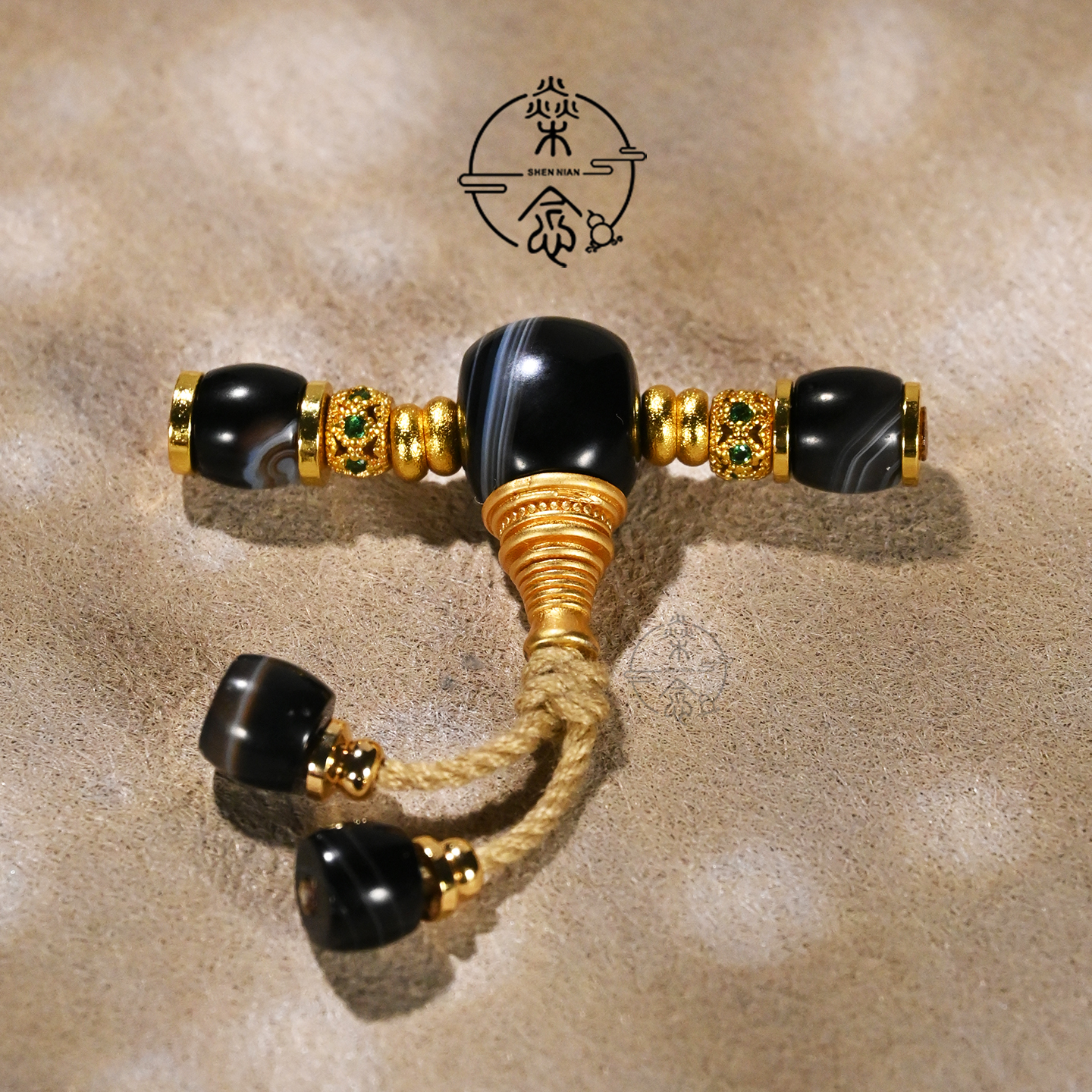 9MM黑白缠丝玛瑙三通镀金镶嵌万向能轴弟子珠套装文玩手串DIY配饰