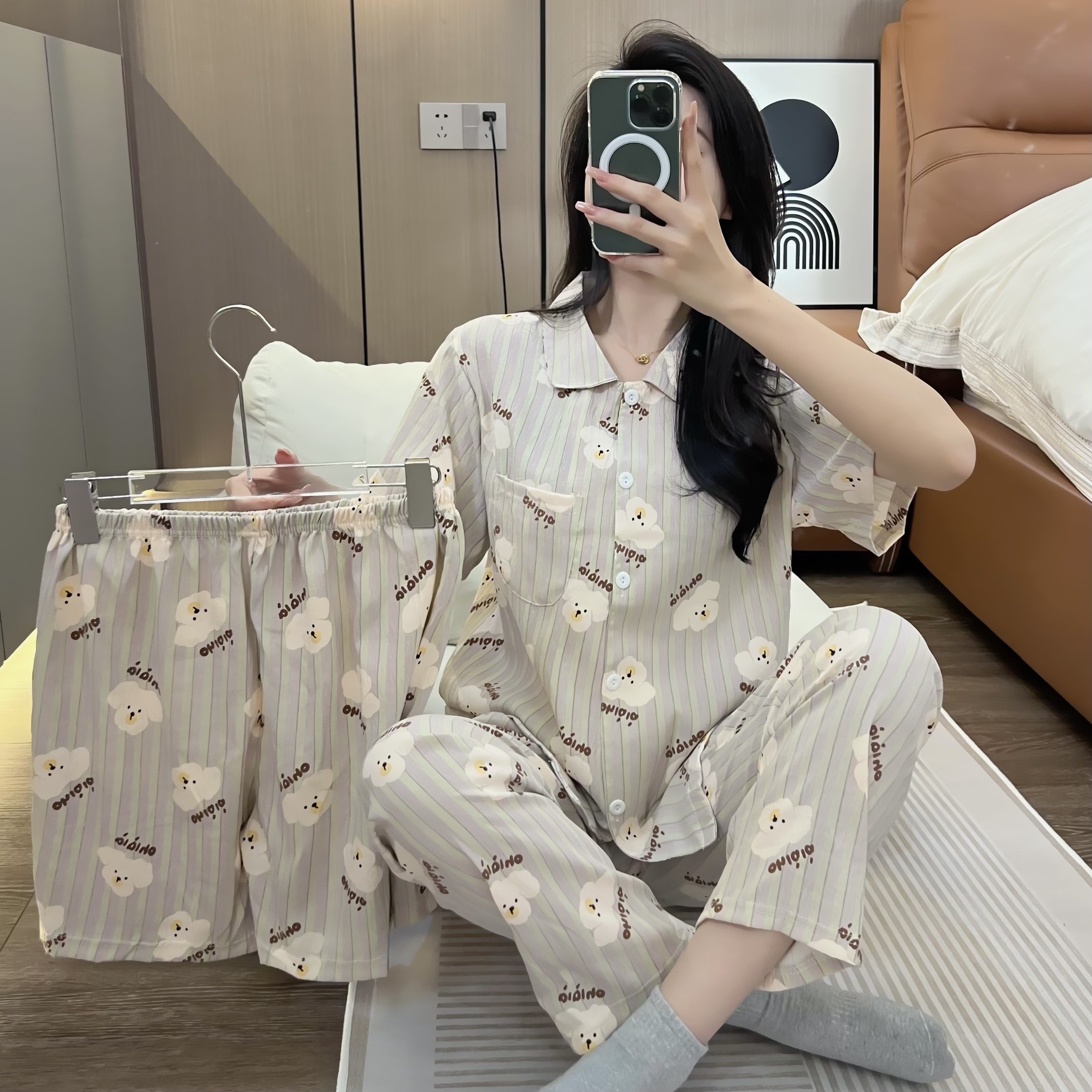 【棉花糖小狗】新款ins夏季短袖睡衣女款卡通热卖三件套学生家居服