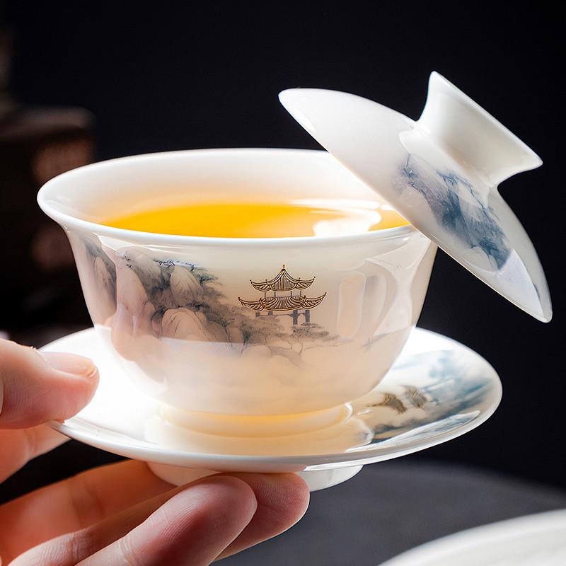 羊脂玉悬停可旋转盖碗茶杯白瓷三才茶碗防烫带盖单个功夫茶具高档