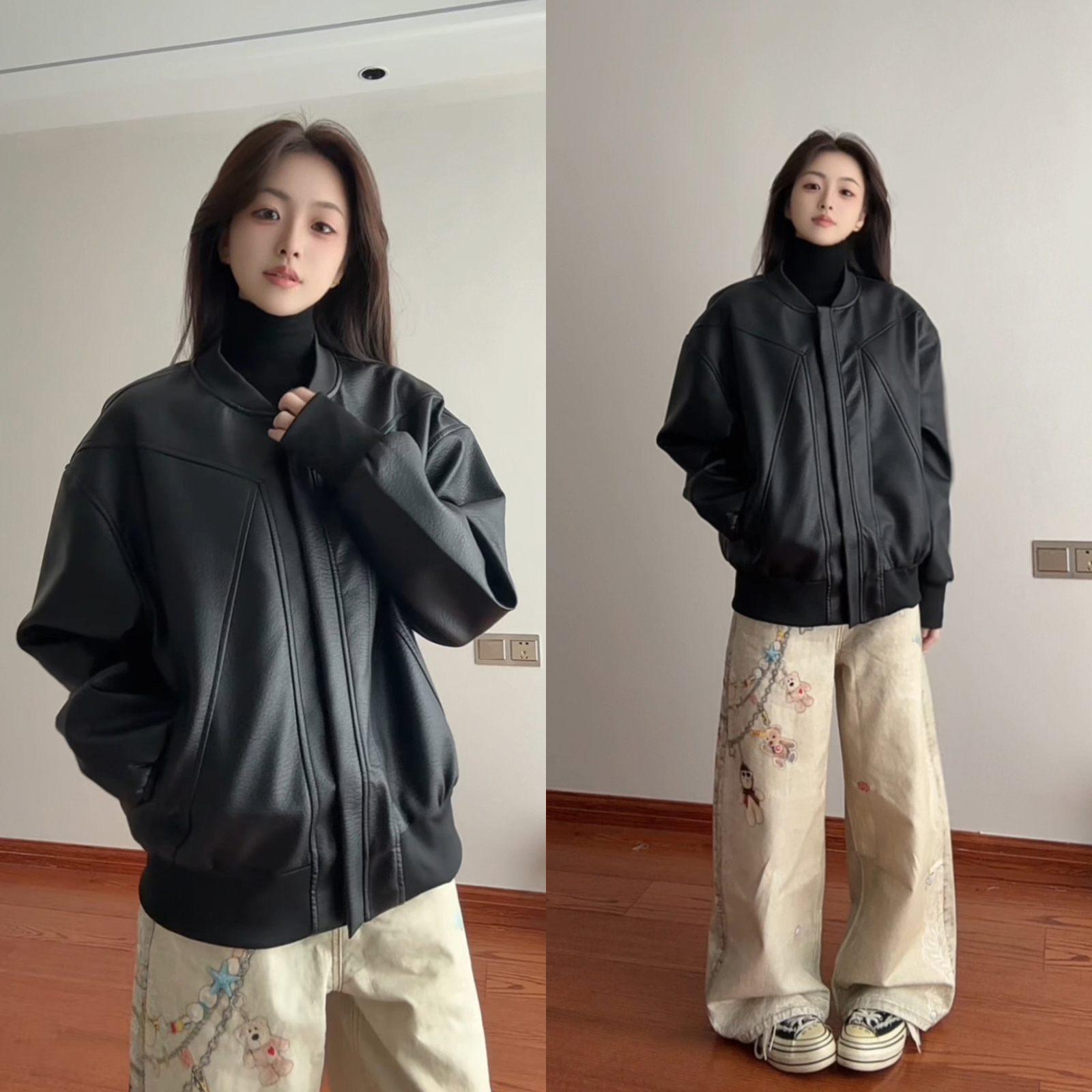 黑色裂纹短款皮衣夹克外套秋冬男款高街百搭美式复古廓形立领潮流