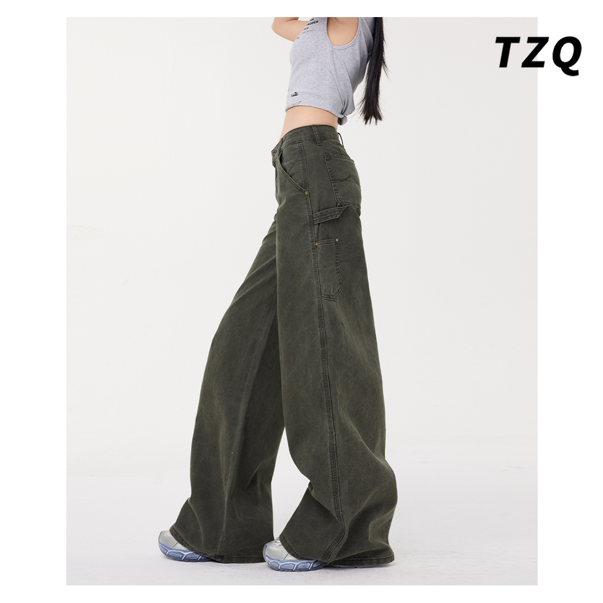 军绿色高腰工装直筒牛仔裤女款爆款2025新款百搭显瘦宽松阔腿裤子