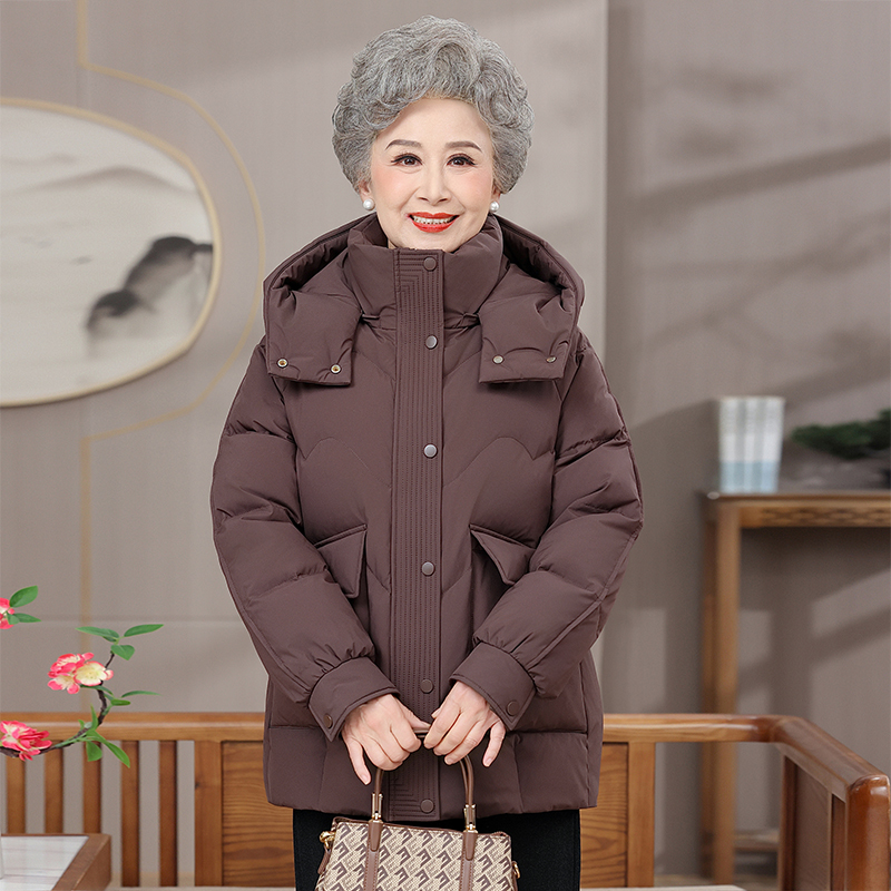 冬季保暖加厚奶奶装羽绒服宽松拉链外套中老年妈妈休闲纯色上衣女