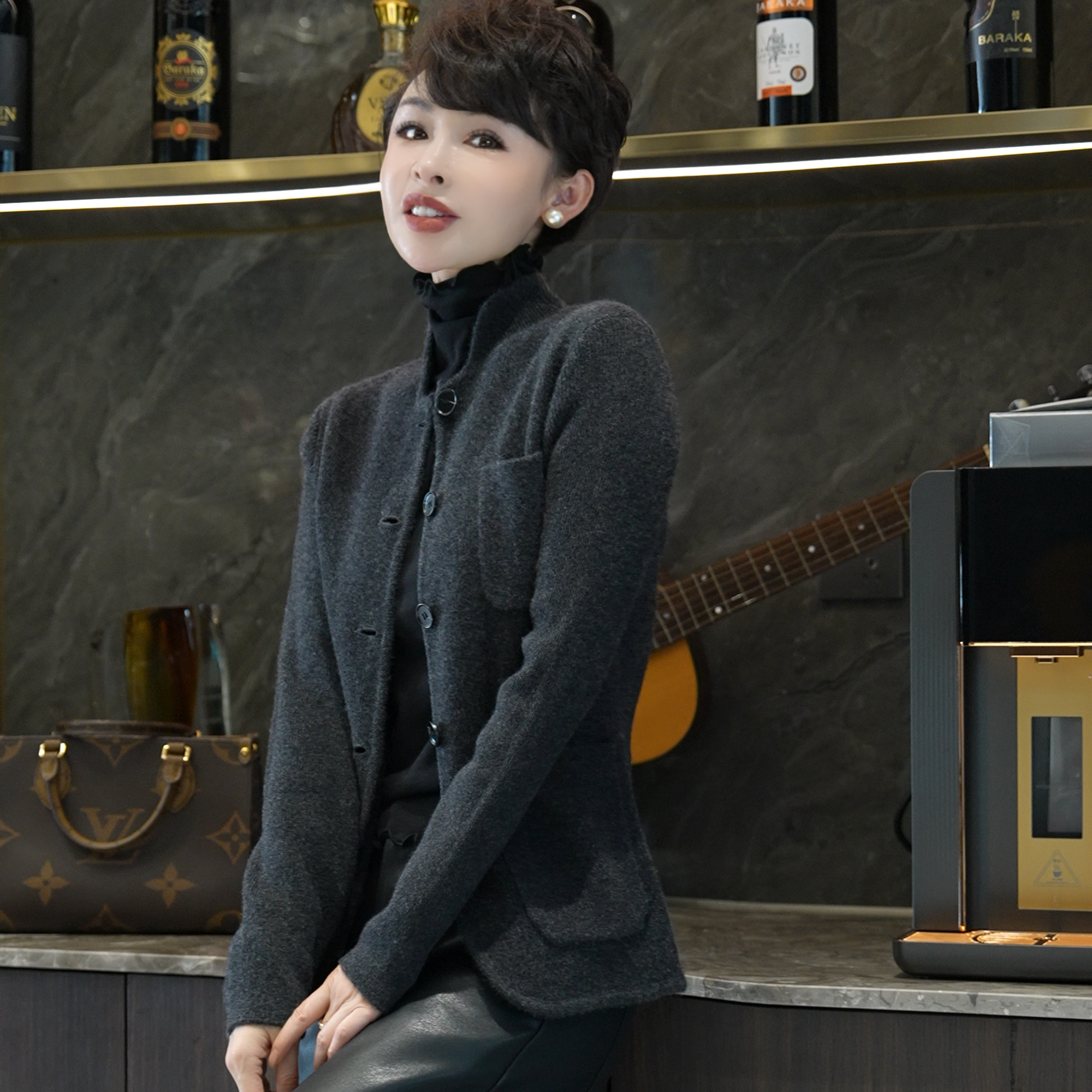 2025冬装中式风立领正肩袖针织外套针织开衫女纯羊毛衫上衣MG8318