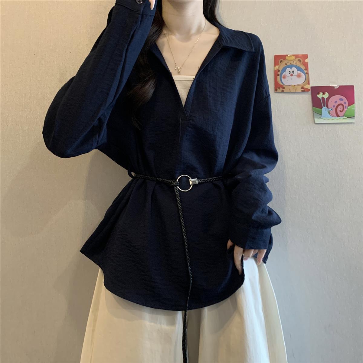大码韩系V领正肩长袖衬衫女秋季新款胖mm宽松显瘦遮肉假两件上衣
