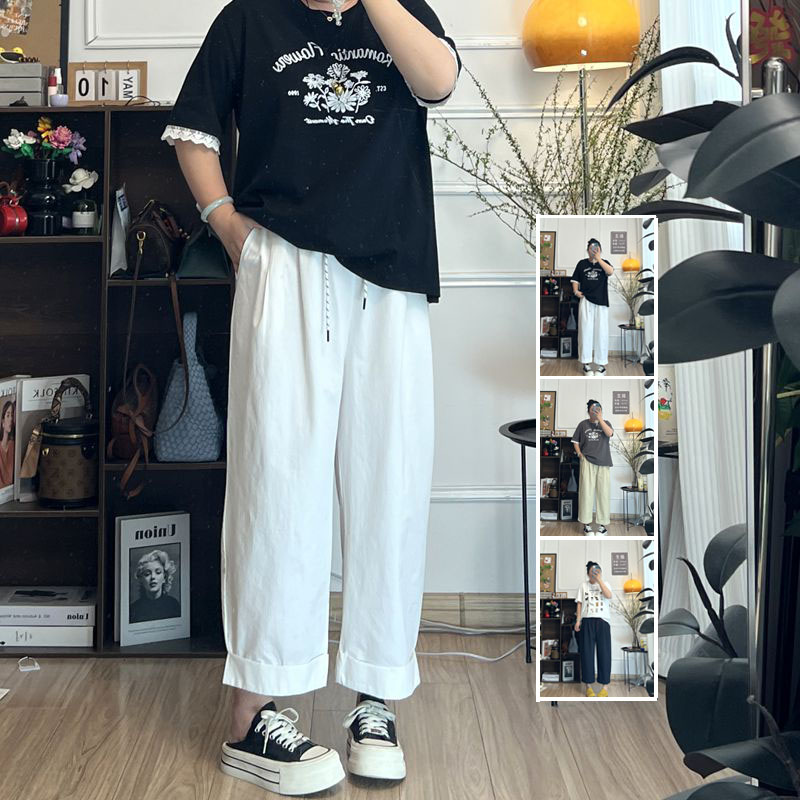 YZJ【泡芙饼干裤2.0】夏季松紧腰遮胯显瘦直筒休闲大码山本九分裤