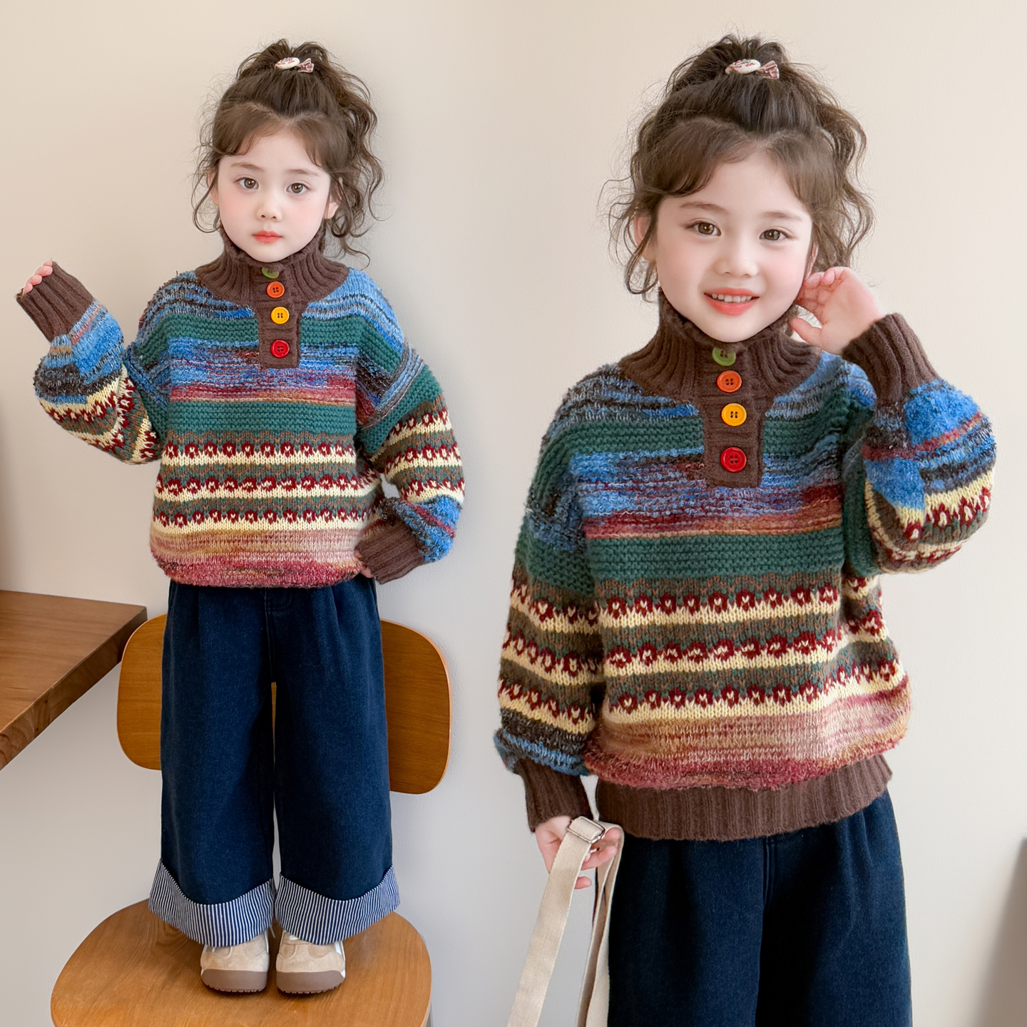 中小童冬装时髦洋气彩色扣子毛衣2025新款儿童百搭女宝宝毛线衣潮