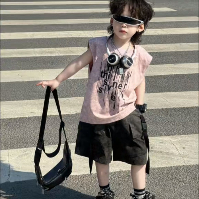 男童套装夏季新款儿童洋气时髦无袖粉背心两件套五分工装裤潮童TT