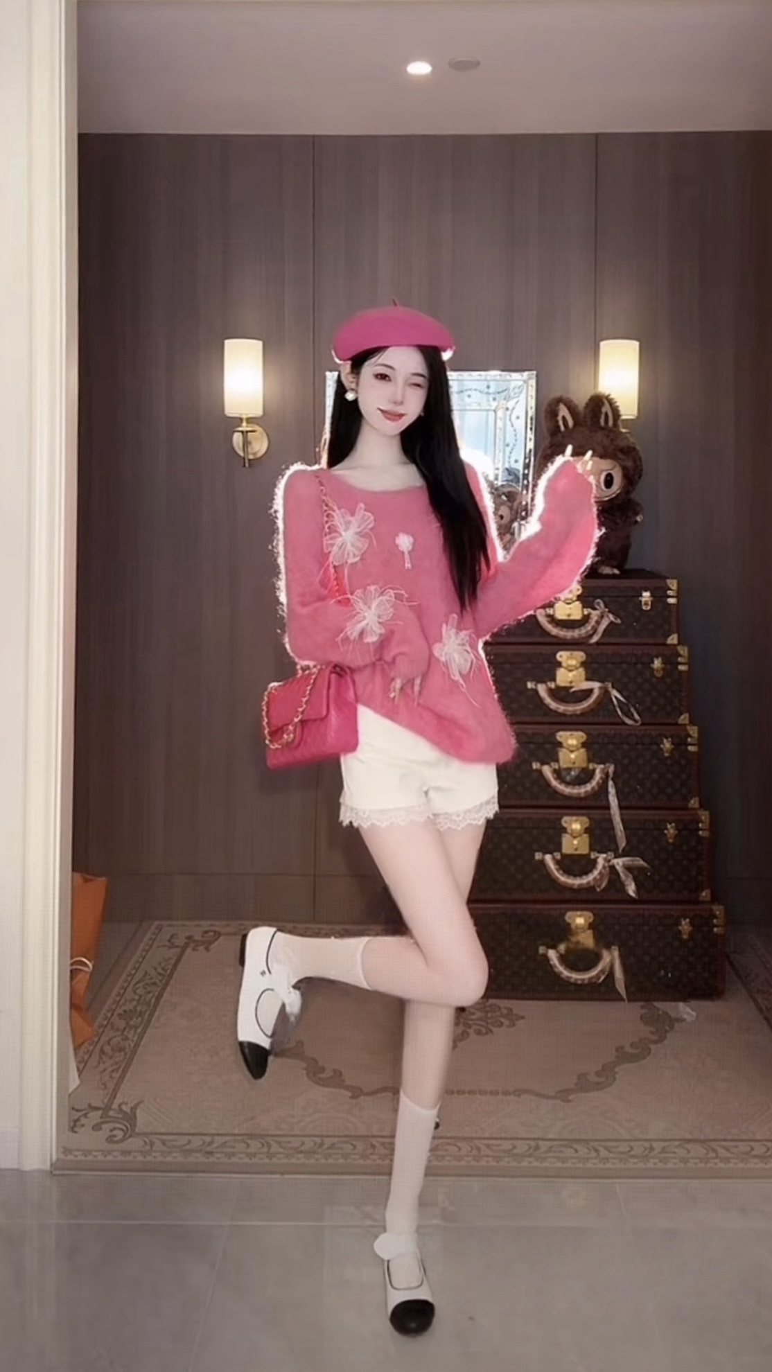 【雅乔定制】粉玫糖霜 立体花朵马海毛羊毛套头毛衣DYDD-25070063