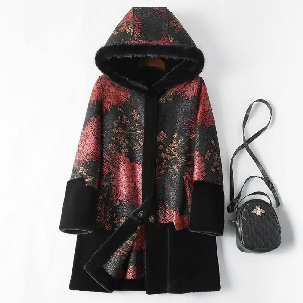 妈妈冬装两面穿中老年人毛绒大衣大码高贵皮毛一体奶奶外套女连帽