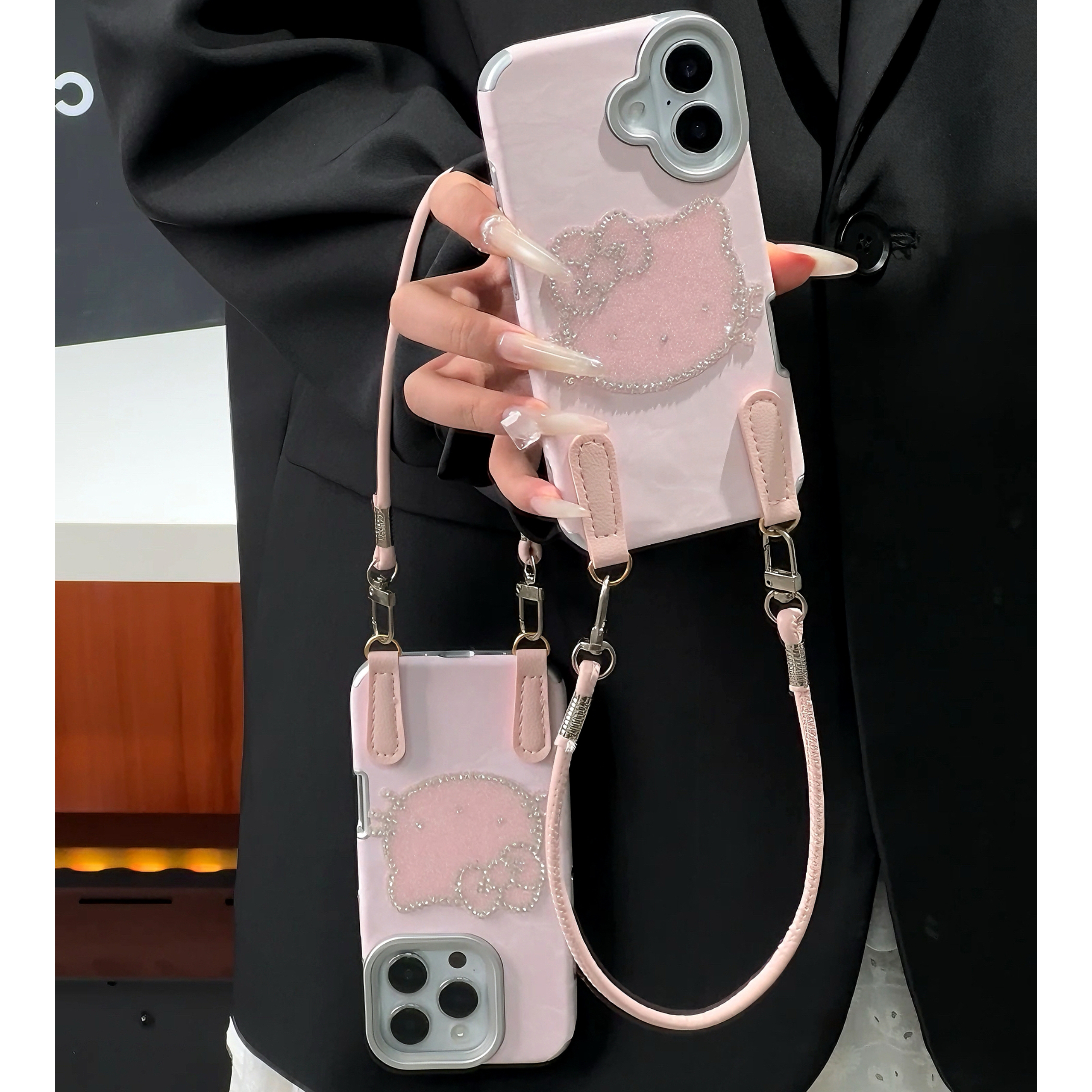 雅天立奢华闪钻KT猫挂绳适用苹果17/16手机壳华为P70vivoppo小米