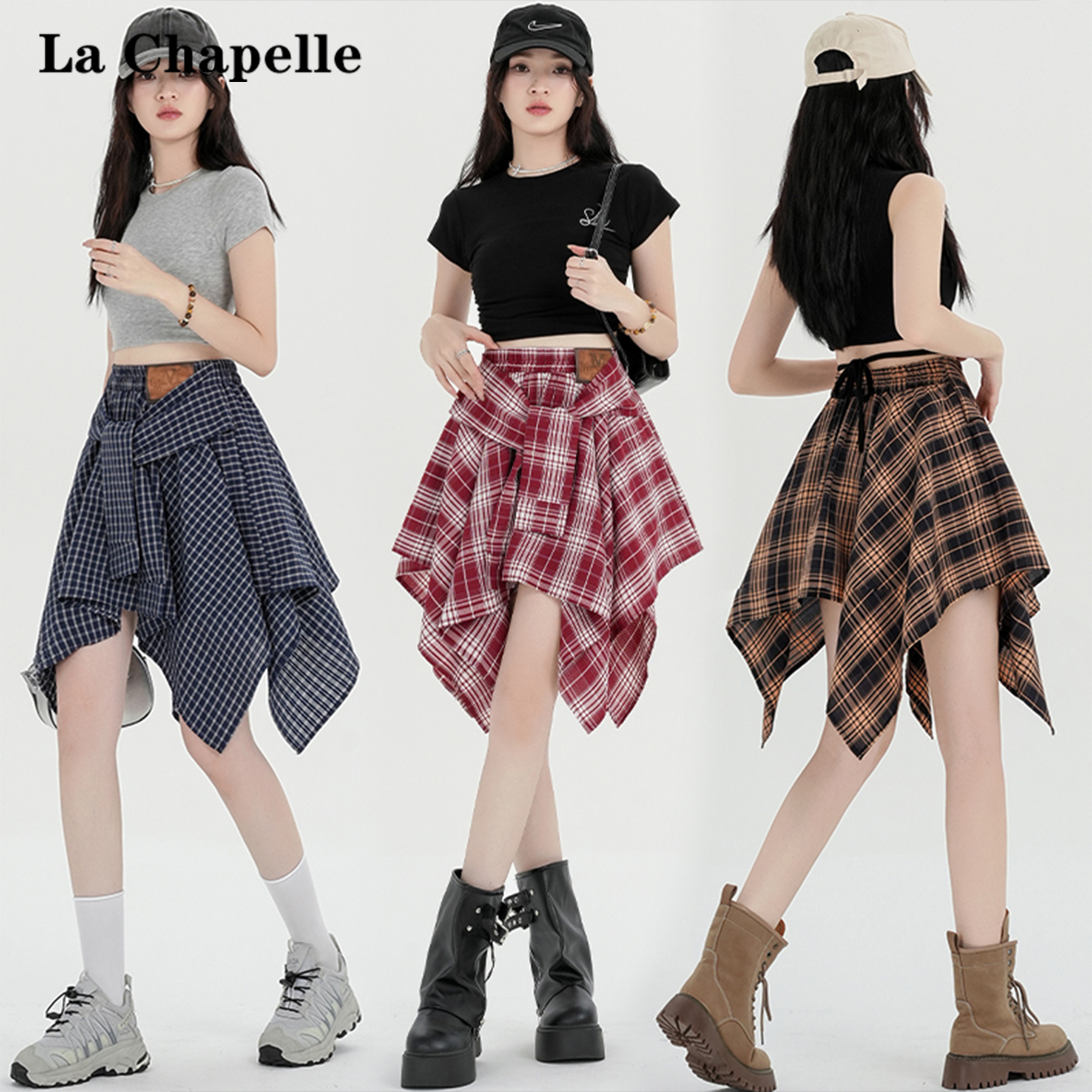 La Chapelle/拉夏贝尔不规则绑带格子半身裙女2025夏季高腰A字裙