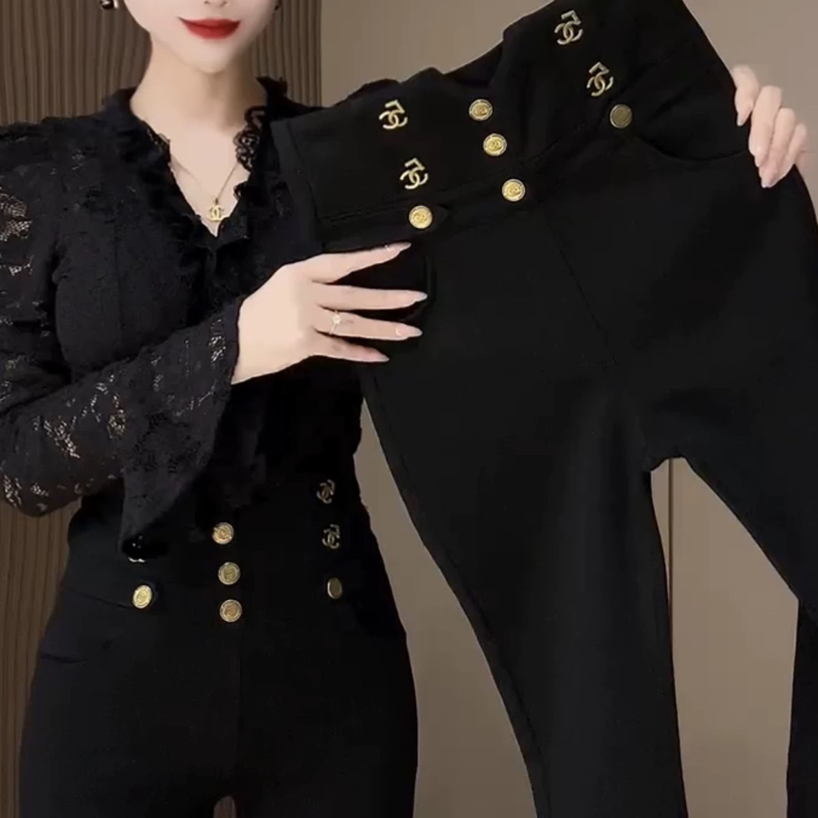 欧货网红爆款打底裤女2025秋冬新款纯黑色高腰弹力紧身铅笔裤