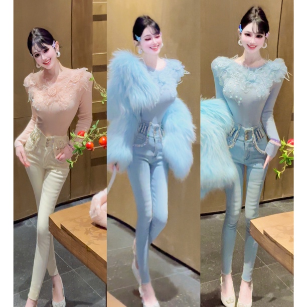 郁儿baby【冰雪奇缘】甜美花朵拼接上衣➕重工小脚牛仔裤