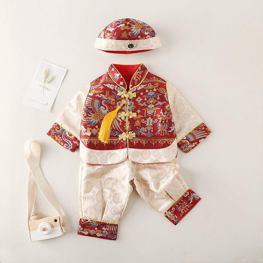 周岁礼服男宝宝春秋中式新款抓周百天套装儿童喜庆唐装生日冠衣