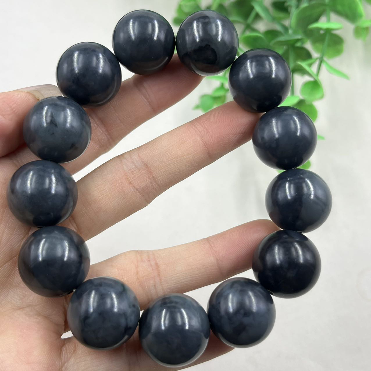 新疆和田玉青花籽聚墨手串18mm珠子大圆珠手链如意玉珠手饰包邮