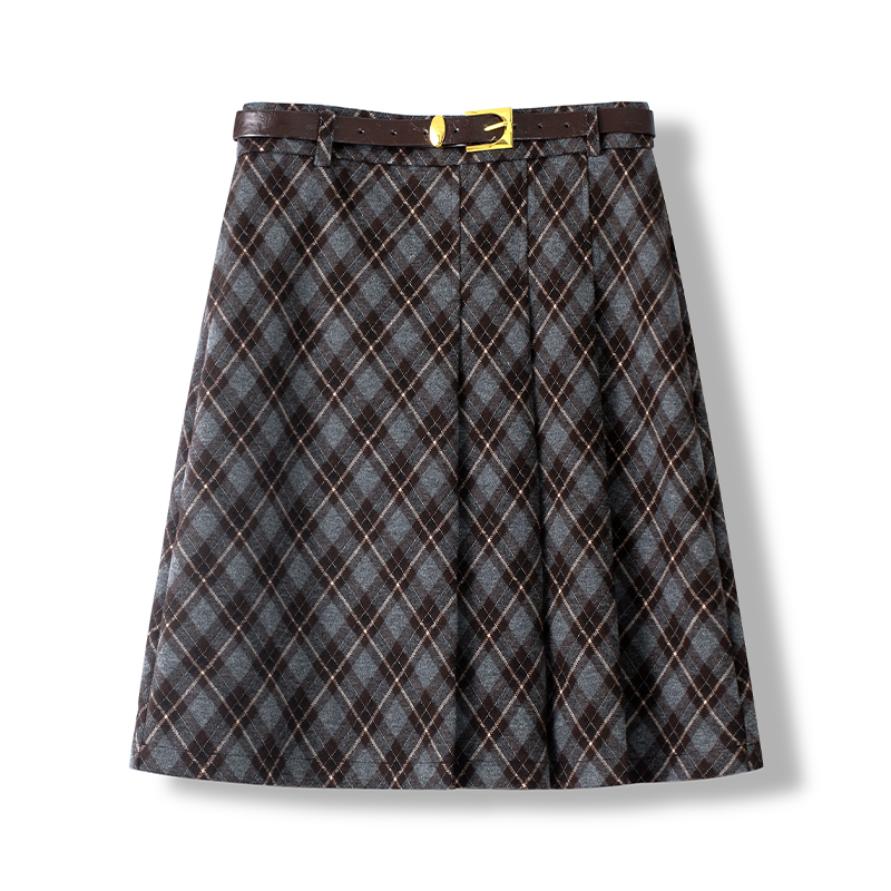 拉夏贝尔学院风格纹毛呢半身裙女2025新款高腰A字百褶裙复古裙子