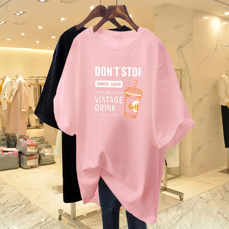 粉红色t恤女短袖宽松中长款纯棉洋气百搭大码半袖上衣ins韩版夏季