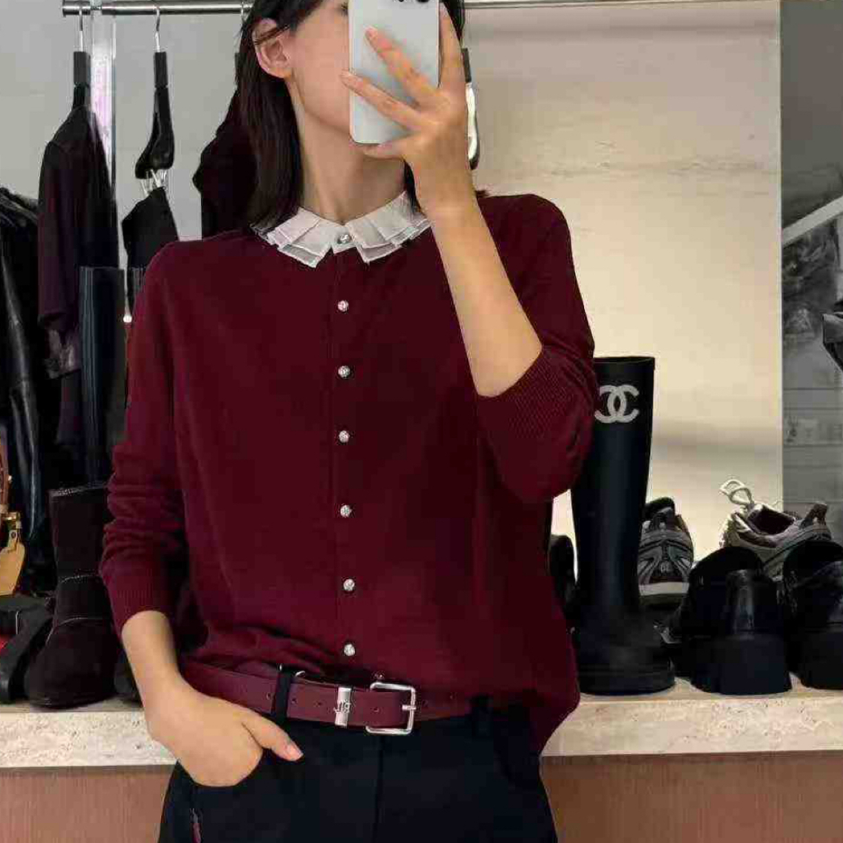 JING2025秋季新款1658羊毛衫拼接百搭长袖开衫女装宽松休闲上衣