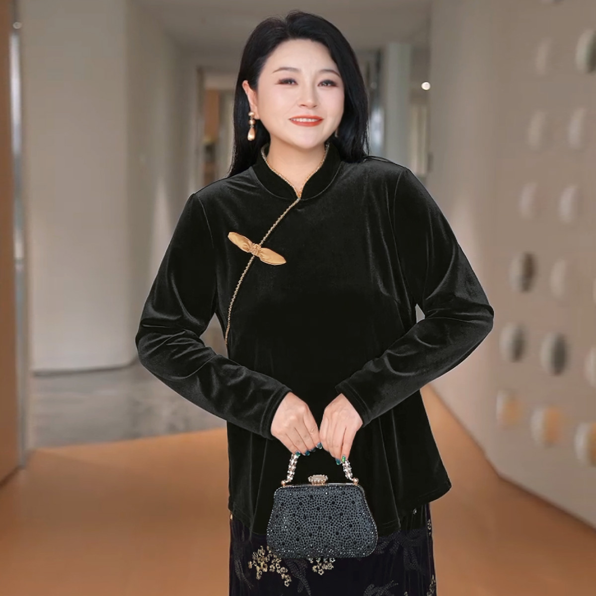 MsShe大码女装冬装新中式复古丝绒钉珠小衫A字半身裙J~B2510049