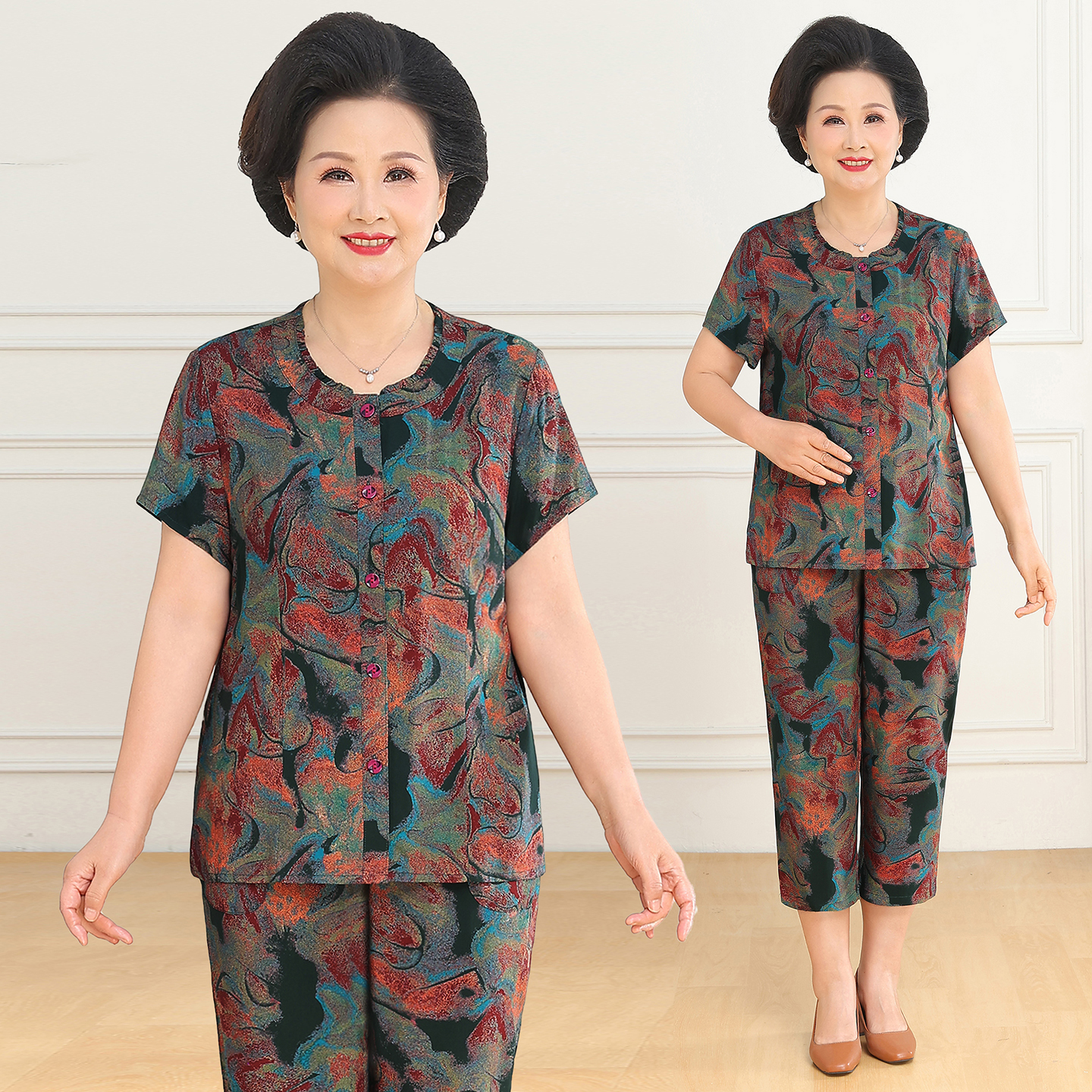 中老年妈妈夏装棉绸开衫套装奶奶短袖上衣人造棉两件套胖mm套装