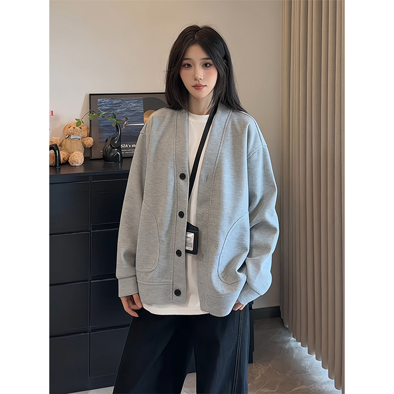 针织开衫v领卫衣男女款秋季高级感穿搭华夫格慵懒风cleanfit外套
