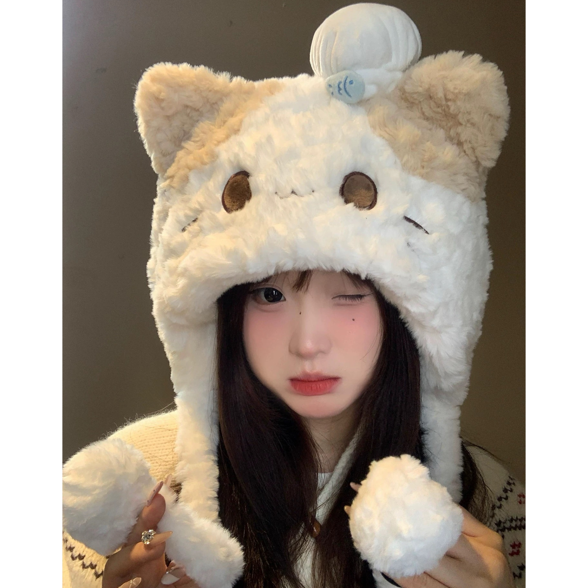 可爱厨师小猫毛绒帽子女冬季加厚保暖显脸小护耳雷锋帽