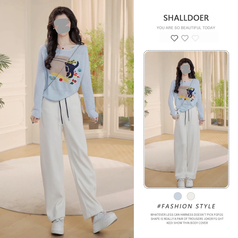 法式温柔风减龄套装女2025春秋新款镂空长袖针织t恤阔腿裤两件套