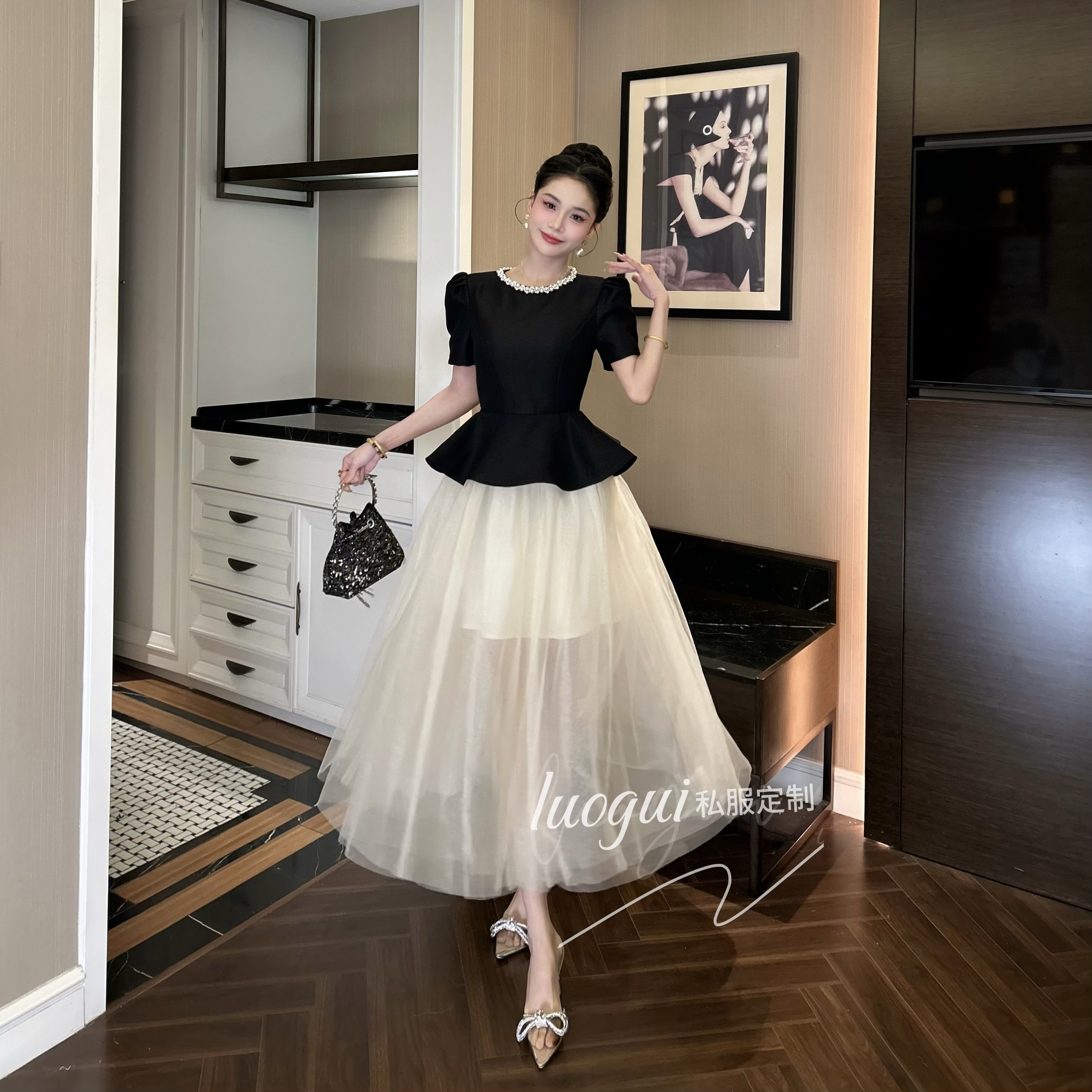 【花花原创】轻奢时尚拼接长裙小众收腰设计师名媛设计感连衣裙9016