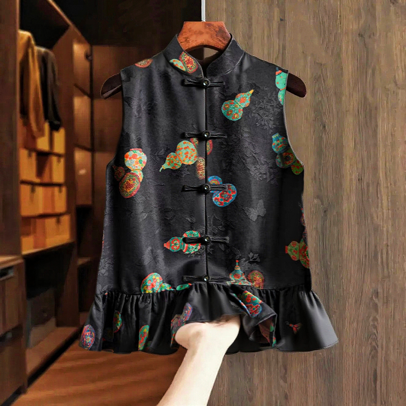 国风印花马甲女无袖背心上衣2026新款立领盘扣衬衫坎肩马夹潮