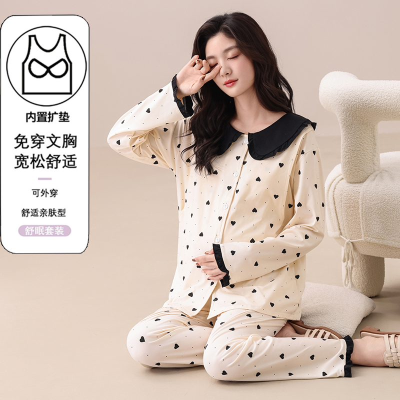 月子服带胸垫春夏季产后产妇喂奶哺乳衣春夏季薄款孕妇哺乳睡衣女