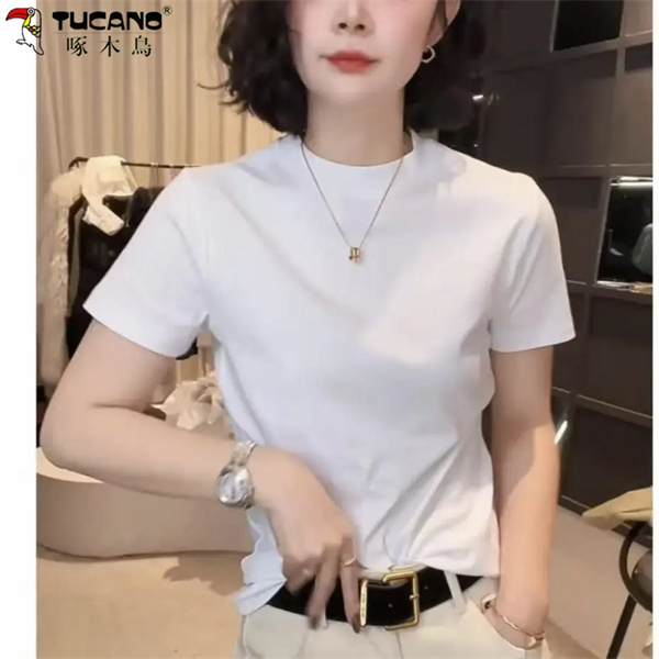 【啄木鳥】打底衫衬衫款圆领设计感时尚百搭短袖显瘦上衣款女T恤