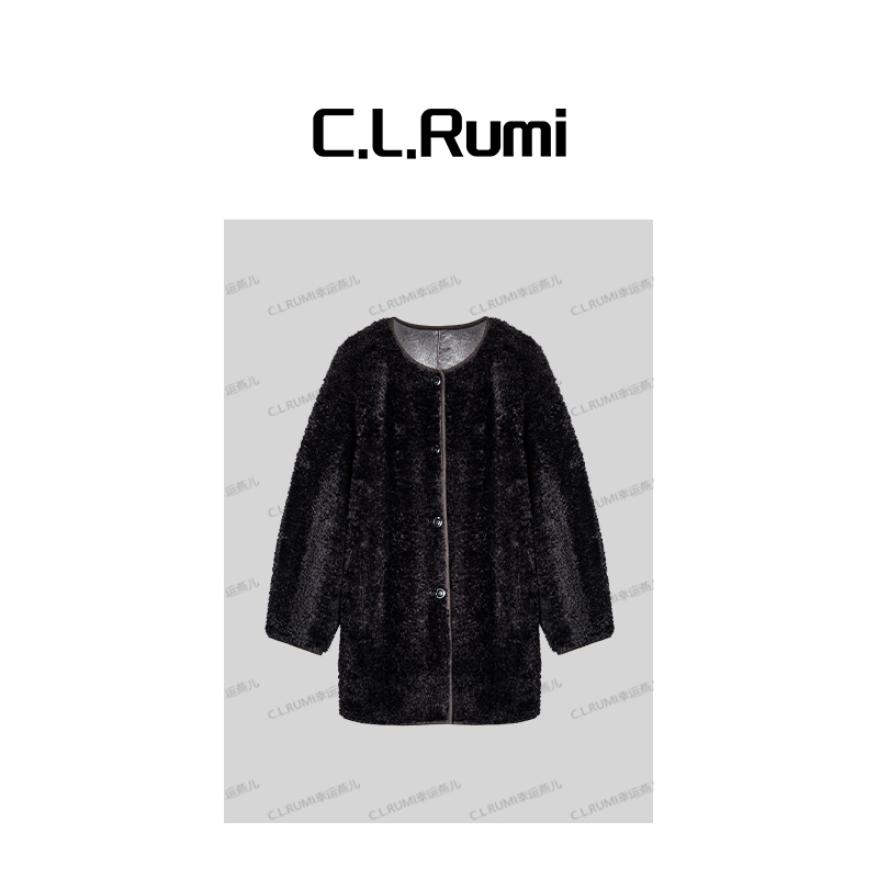 【Rumi精选】 “霜华慕瑶”轻奢牛角扣中长款皮毛一体皮草大衣7400wt