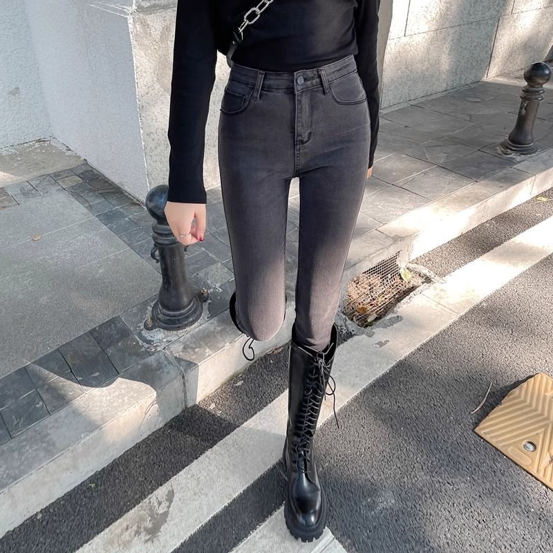 【奥莱断码】加绒烟灰色加绒牛仔裤女2025冬季新款高腰薄绒紧身显